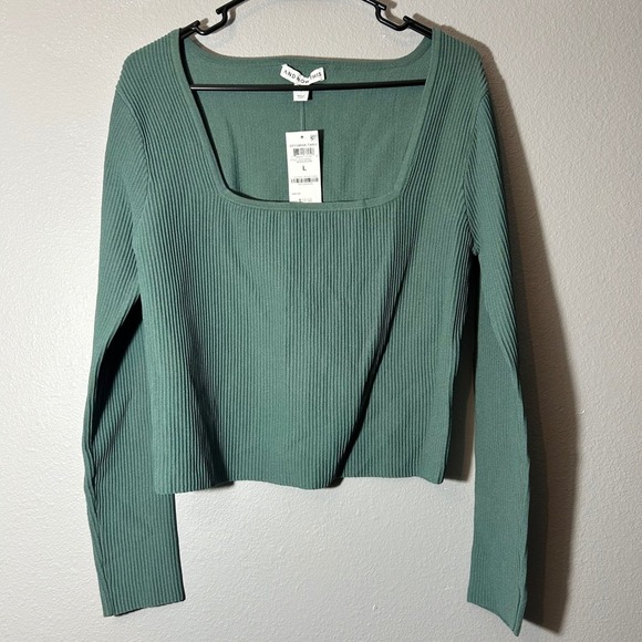 And Now This Ribbed Knit Top Square Neck Long Sleeve Green Casual Size L NWT - Picture 2 of 6